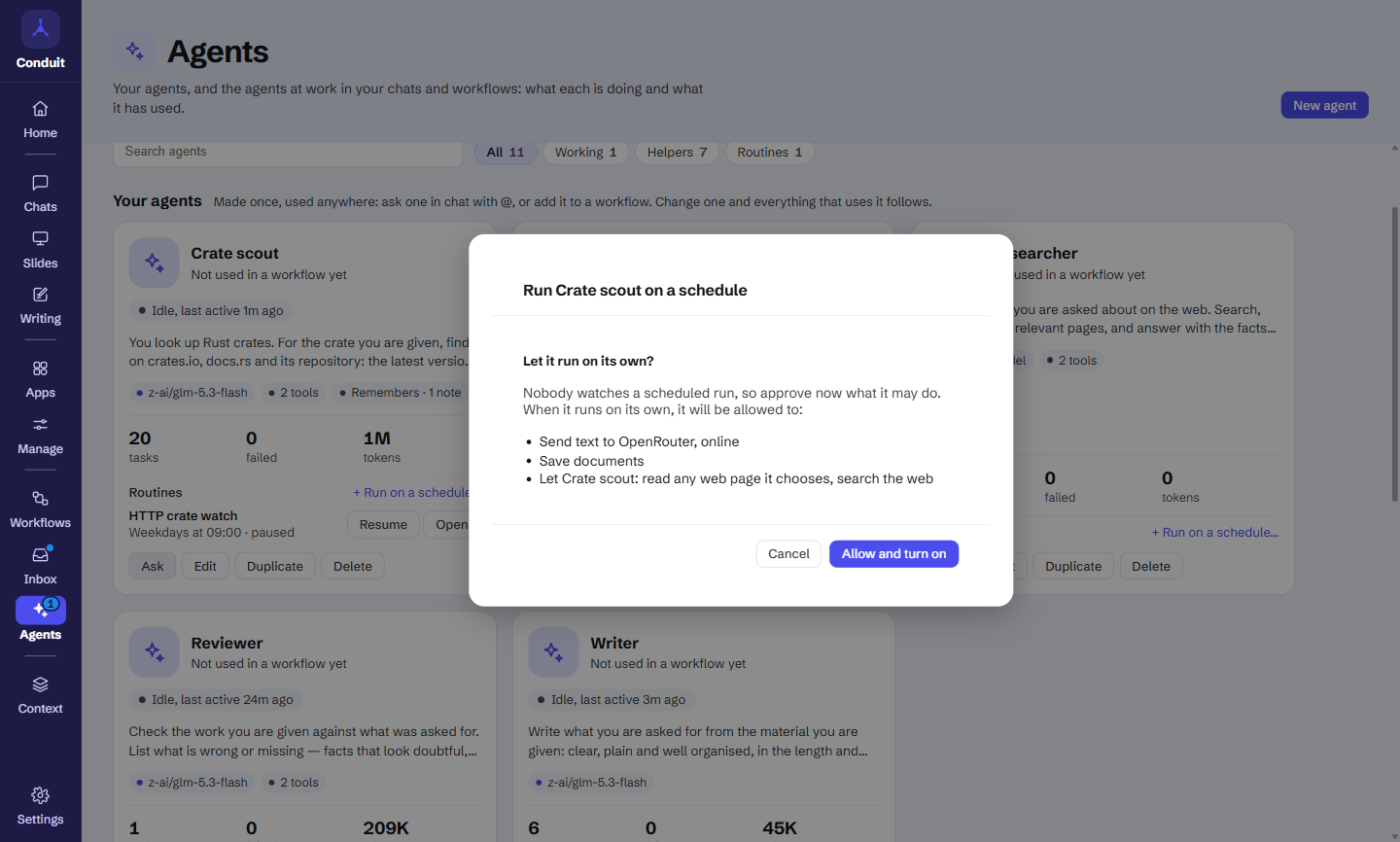 Let it run on its own? in the same dialog: Send text to OpenRouter, online; Save documents; Let Crate scout: read any web page it chooses, search the web; with Cancel and Allow and turn on.