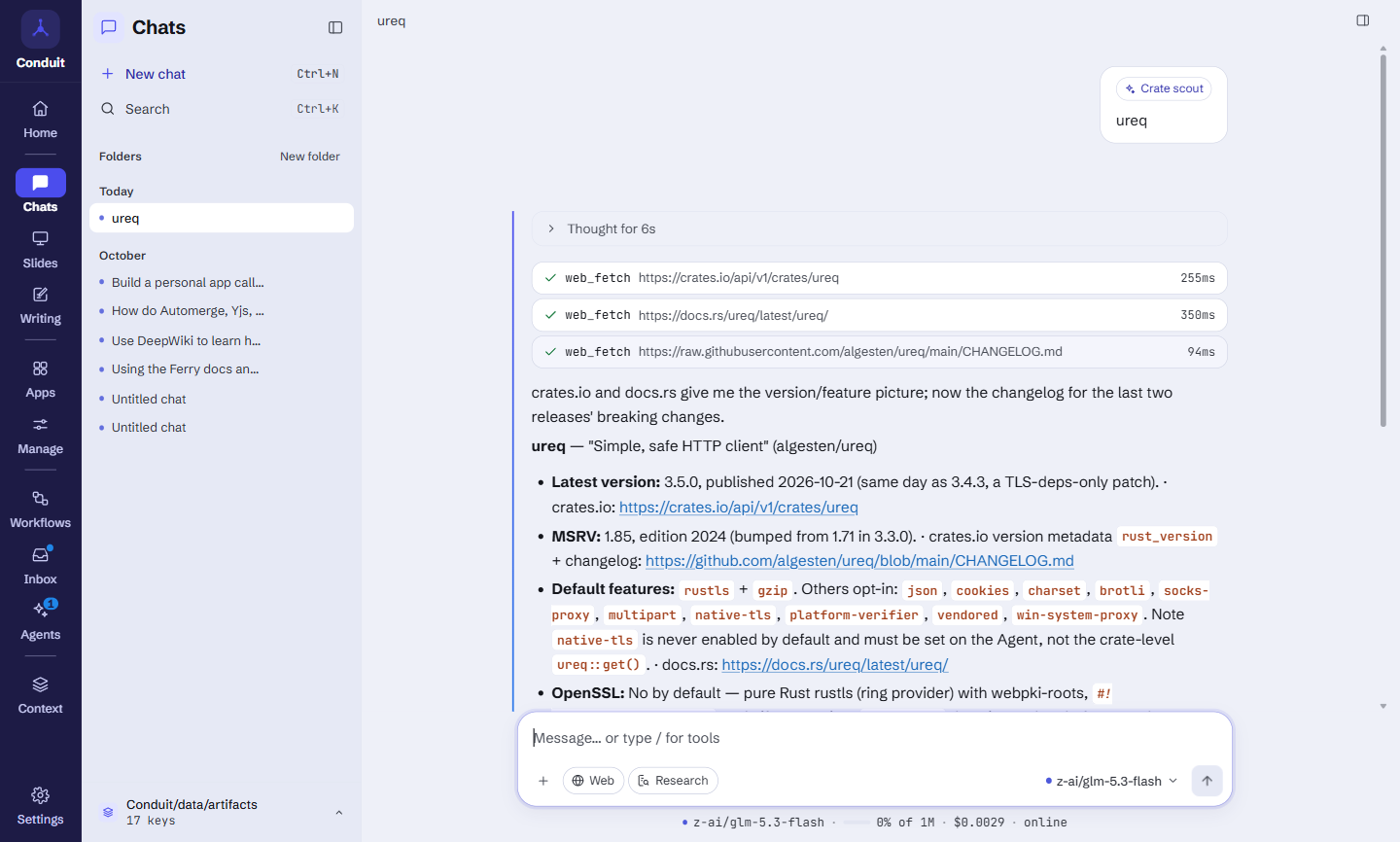 A chat with the message ureq sent to Crate scout: three web_fetch calls to the crates.io API, docs.rs and the ureq changelog, then the answer listing the latest version 3.5.0, the minimum Rust version 1.85 and the default features, each with its source.