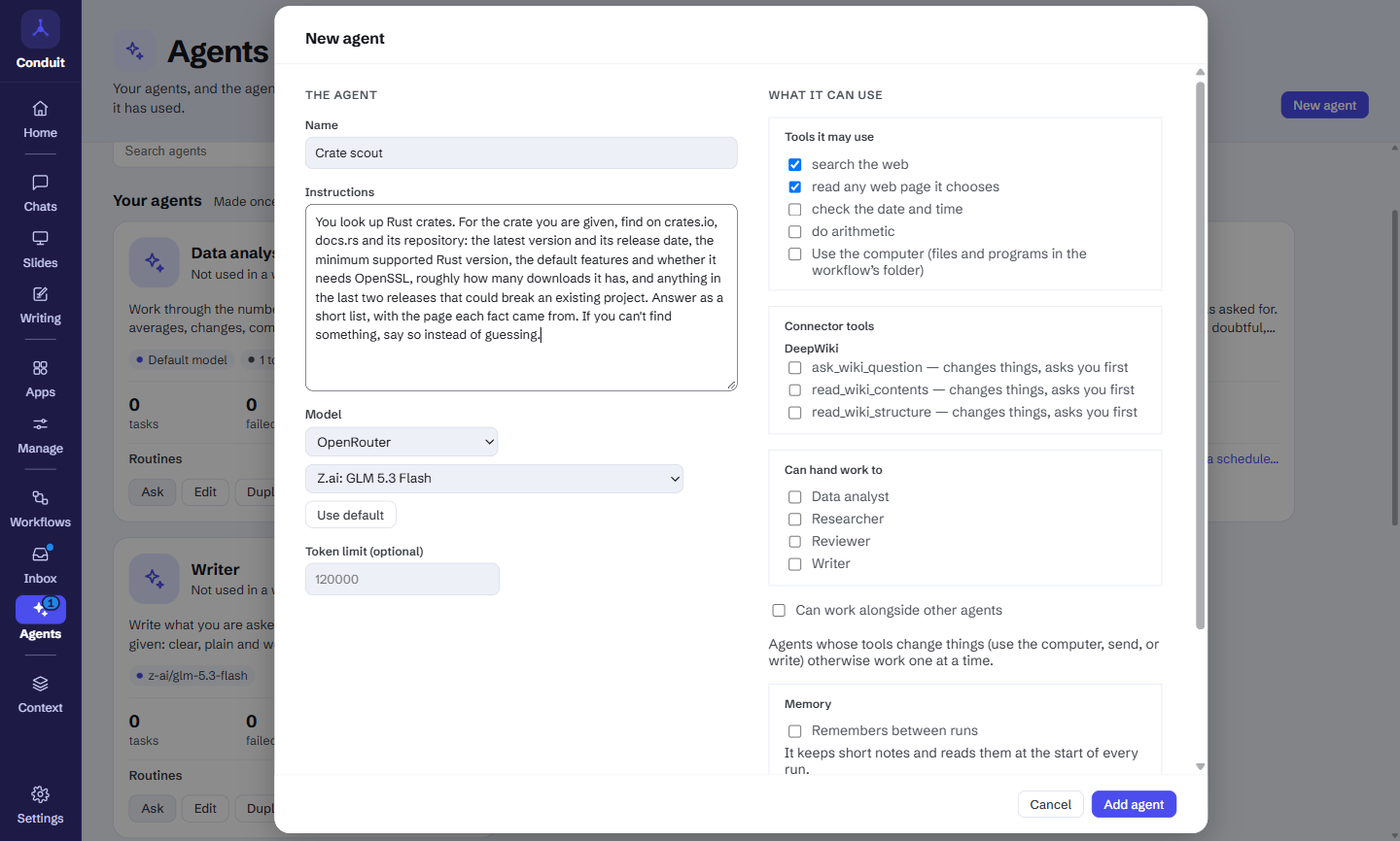 The New agent editor filled in for Crate scout: the name, the instructions about crates.io, docs.rs and the repository, OpenRouter and Z.ai: GLM 5.3 Flash as the model and the 120000 token limit on the left; on the right, search the web and read any web page it chooses ticked, the connector tools, Can hand work to, Can work alongside other agents and Memory, with the Add agent button.