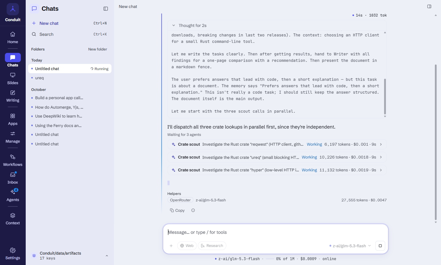 The reply while the helpers work: Waiting for 3 agents above three Crate scout lines for reqwest, ureq and hyper, each Working with its tokens, cost and 9 seconds so far, and the Helpers total below.