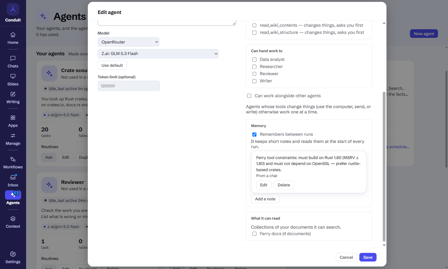 The Edit agent dialog for Crate scout at the Memory section: Remembers between runs ticked, the note about building on Rust 1.80 without OpenSSL marked From a chat with Edit and Delete, Add a note, and What it can read listing a document collection.