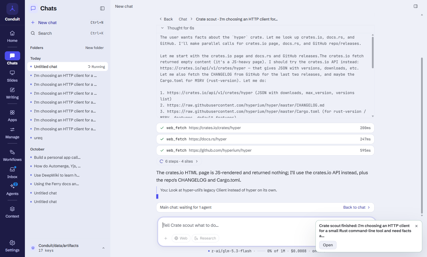 The same agent view after the redirect: the end of Crate scout's answer with a section on hyper-util client::legacy per your redirect, its version 0.1.21 and the changes in its latest release, and the note You: Look at hyper-util's legacy Client instead of hyper on its own.