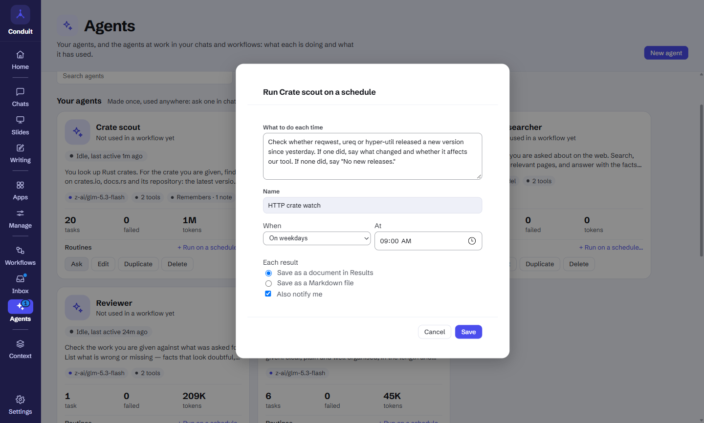 The Run Crate scout on a schedule dialog: the task, the name HTTP crate watch, When set to On weekdays at 09:00, Save as a document in Results selected and Also notify me ticked.