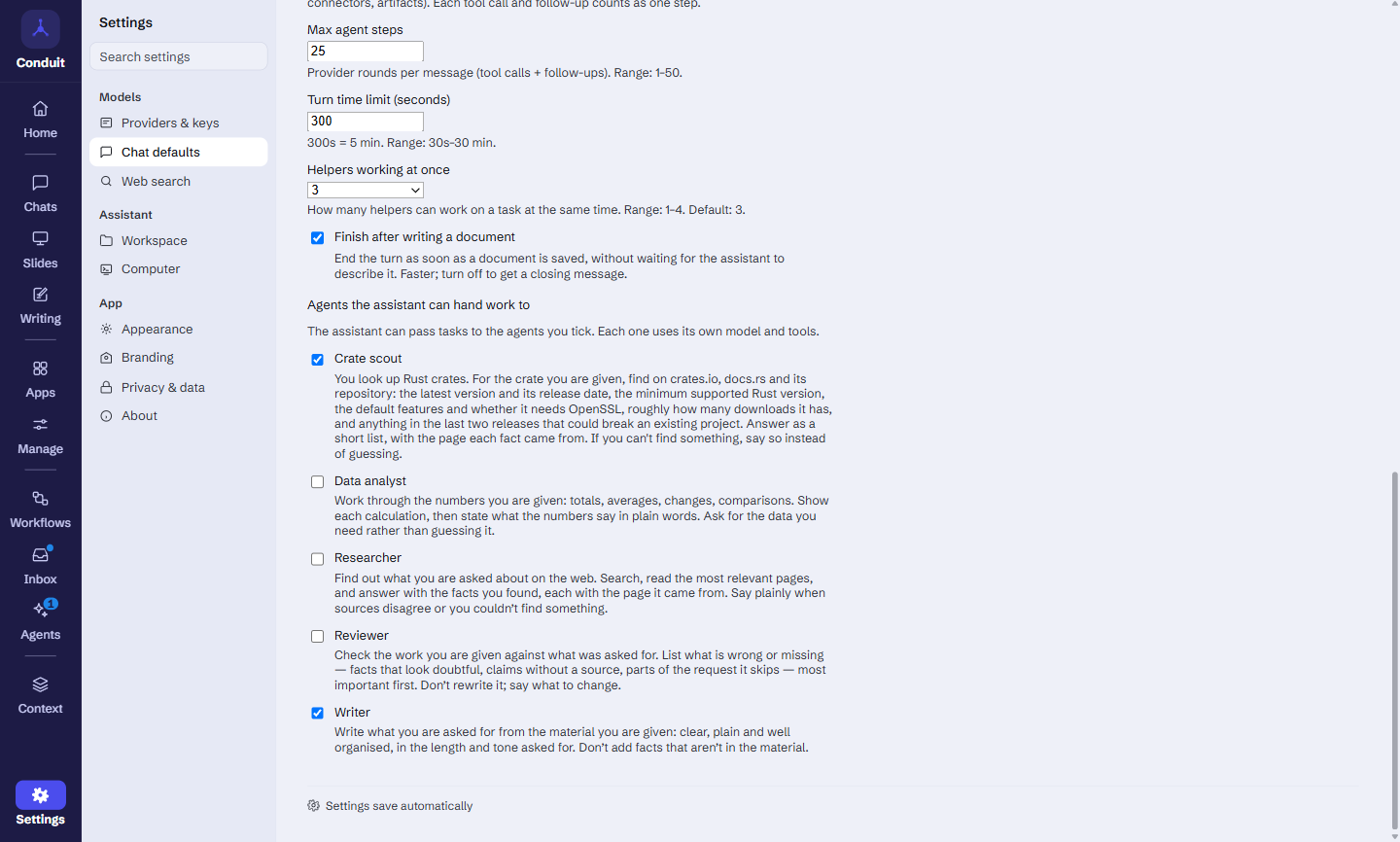 Settings, Chat defaults, the Agent section: Max agent steps, Turn time limit, Helpers working at once set to 3, and the list Agents the assistant can hand work to with Crate scout and Writer ticked and Data analyst, Researcher and Reviewer not.