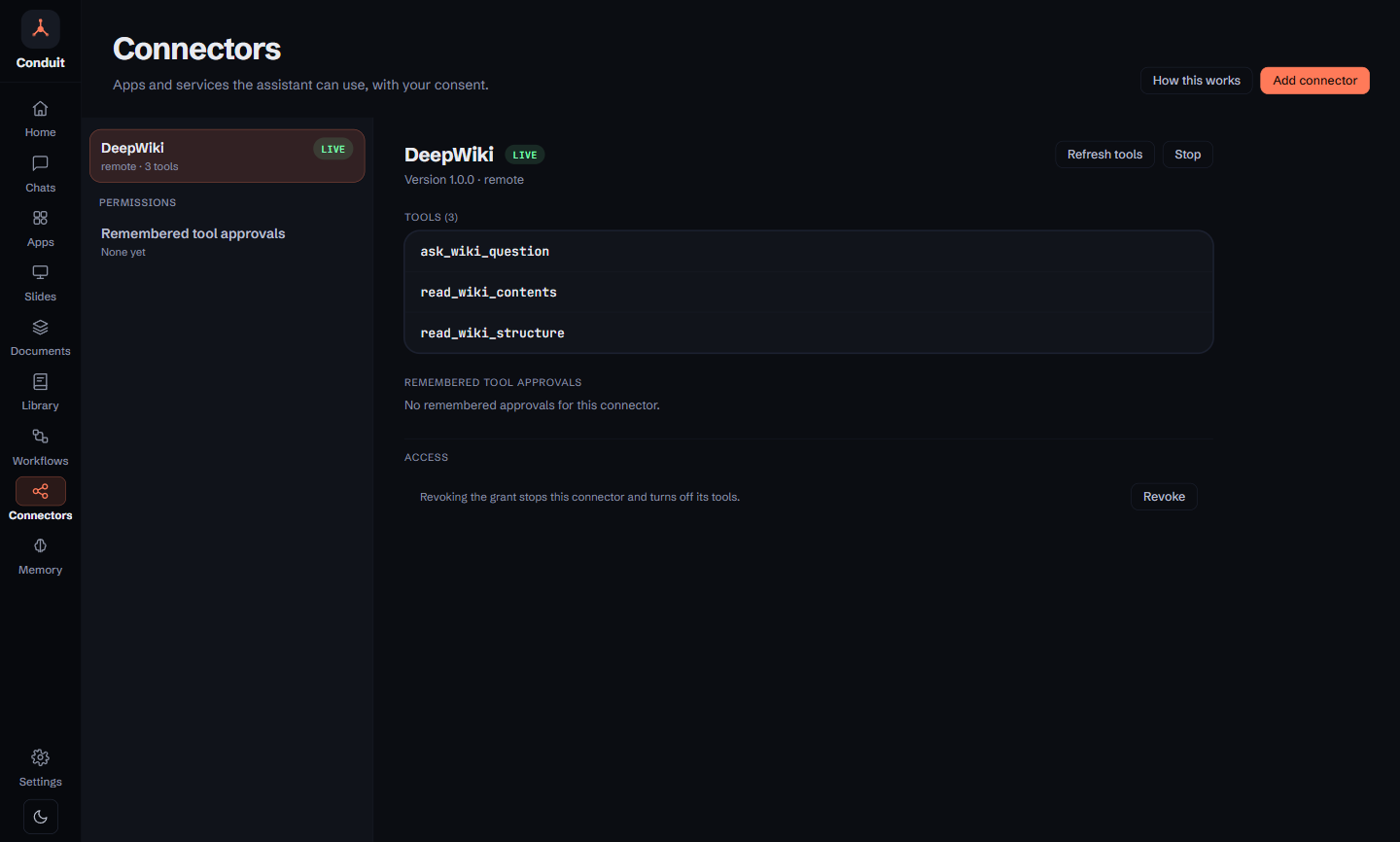 The inspector's Activity tab beside a Conduit conversation: the turn's current_time, calculator, and write_markdown_document calls with their timings and the calculation made, then a summary of every tool the chat used, the document it wrote, and its token usage.