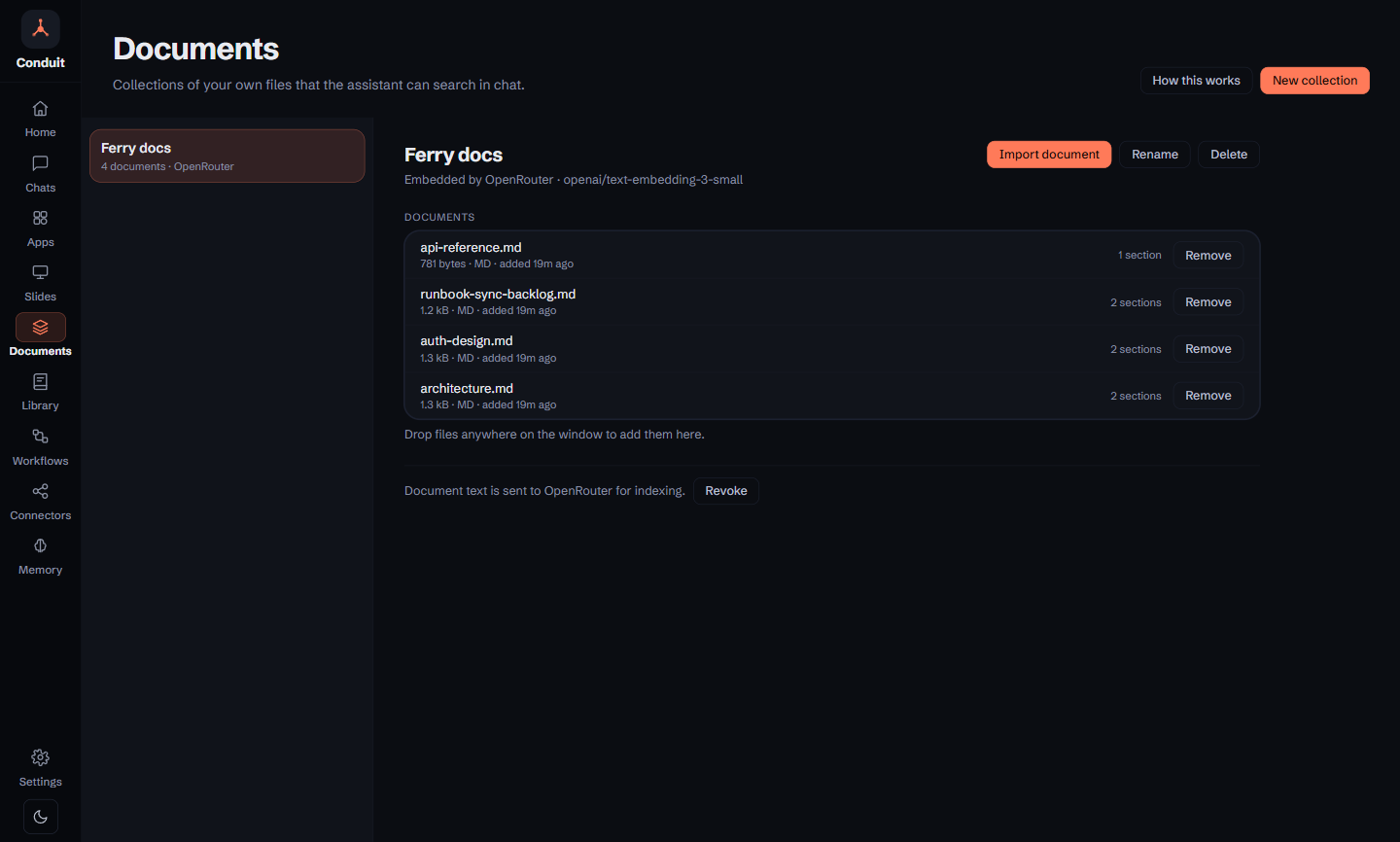 Conduit's Documents page: a Ferry docs collection embedded by OpenRouter, listing its four files — an architecture overview, auth design notes, a sync-backlog runbook, and an API reference — with their sizes and section counts, and a note that document text is sent to OpenRouter for indexing, with a Revoke button.