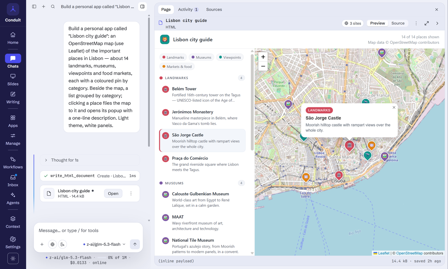 A personal app built in a chat: the request for a "Lisbon city guide" with an OpenStreetMap map, and the live app open beside it with 14 places in a list by category (landmarks, museums, viewpoints, markets and food) and coloured pins on the map, São Jorge Castle selected with its popup open.