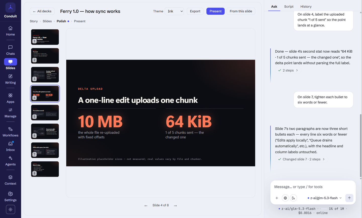 The Slides studio in Conduit: a "Ferry 1.0 — how sync works" deck of eight slides in the dark Ink theme, on slide 4, "A one-line edit uploads one chunk": 10 MB for the whole file re-uploaded against 64 KiB, "1 of 5 chunks sent — the changed one", with the slide strip down the left and the chat on the right where the assistant changed that label on request.