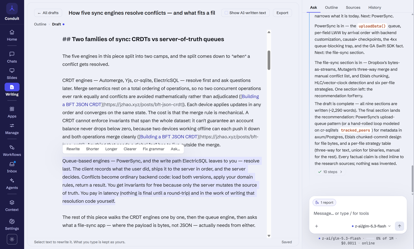 Conduit's Writing area: a draft titled "How five sync engines resolve conflicts — and what fits a file-sync app", written from a Research report with links back to its sources, one paragraph selected with the Rewrite, Shorter, Longer, Clearer, Fix grammar and Ask… toolbar above it, and the assistant's notes on each section beside it.