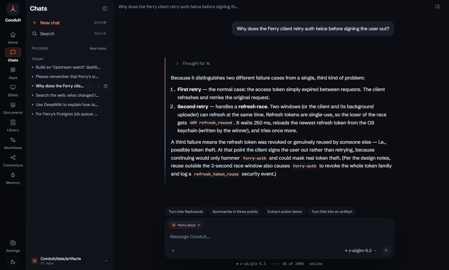 Conduit on Windows, dark theme: with the Ferry docs collection attached, an engineer asks why the client retries auth twice before signing the user out. The reply explains, from the auth design notes, that the first retry covers an expired access token and the second a refresh race between two windows, and why a third failure signs the user out.