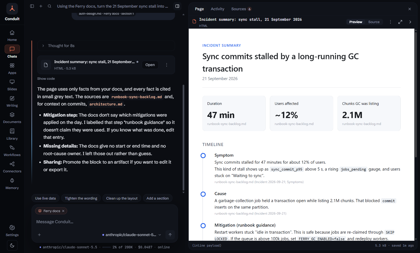 Conduit on Windows, dark mode: with the Ferry docs collection attached, a chat turned the 21 September sync stall into a one-page incident summary, open beside it as a white page — 47 minutes, about 12% of users, 2.1M chunks, and a timeline from symptom to fix, each fact cited to the runbook it came from. The reply notes what the docs do not say instead of guessing.