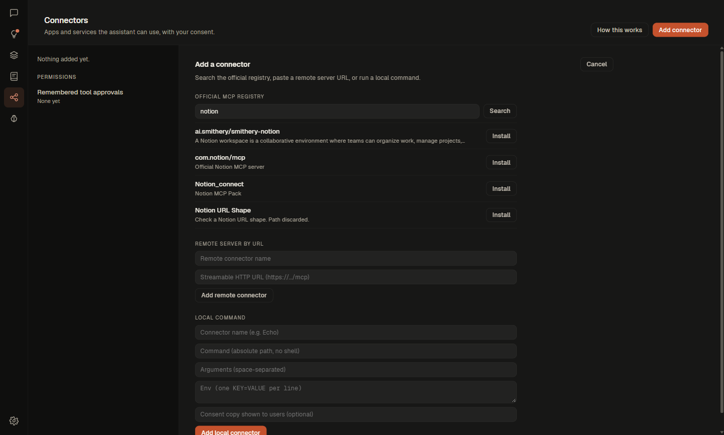 Conduit's Connectors page, adding a connector: a search of the official MCP registry for notion listing results including Notion's official MCP server, each with an Install button, above fields for adding a remote server by URL or a local command.