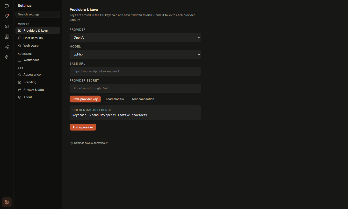Conduit's Providers and keys settings: OpenAI selected with the gpt-5.4 model, a base URL field, a provider secret field reading Stored only through Rust, and a credential reference of keychain://conduit/openai. The key itself is never shown.