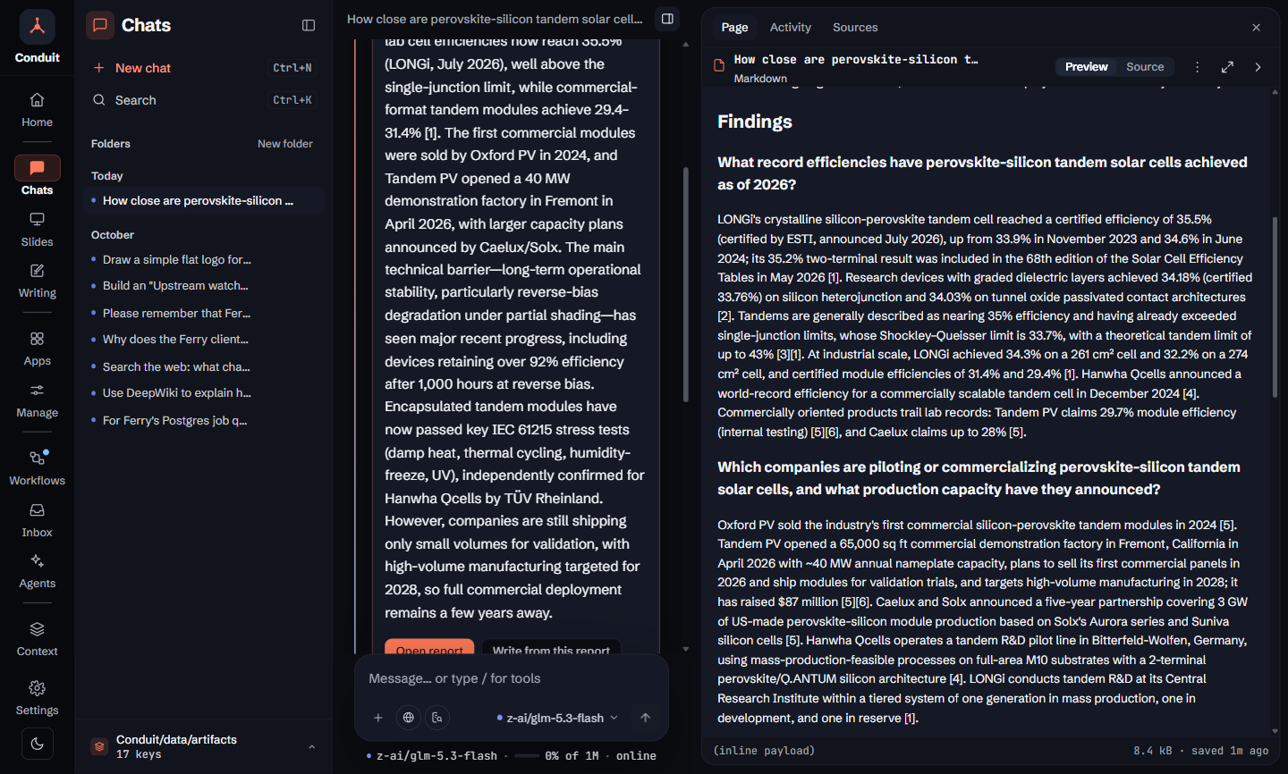 The research report open beside the chat at its Findings section: the record-efficiency sub-question answered in cited bullet points, starting with Longi's 35.5% tandem cell certified by ESTI.