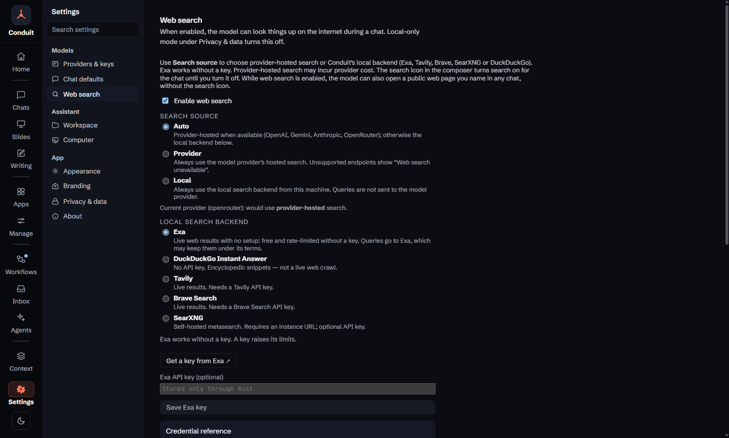 Conduit's Settings, Web search section: Enable web search is ticked, Exa is selected under Local search backend, and the optional Exa API key field is empty.