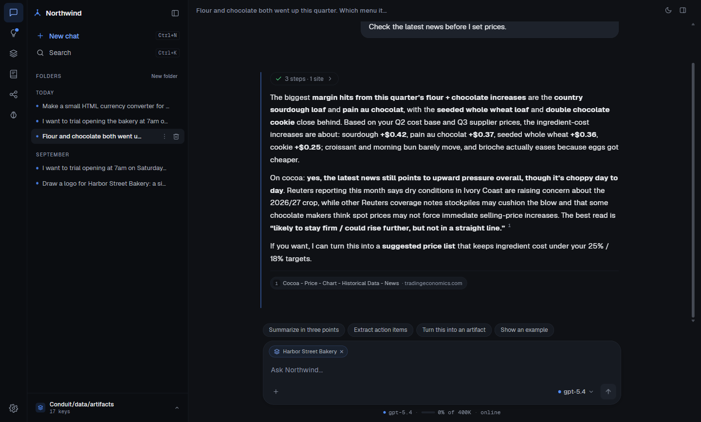 The same Conduit app rebranded at runtime as Northwind: the sidebar wordmark reads Northwind, the accent colour is blue instead of Conduit's orange, and the composer says Ask Northwind, over an answer about which bakery menu items lose the most margin.