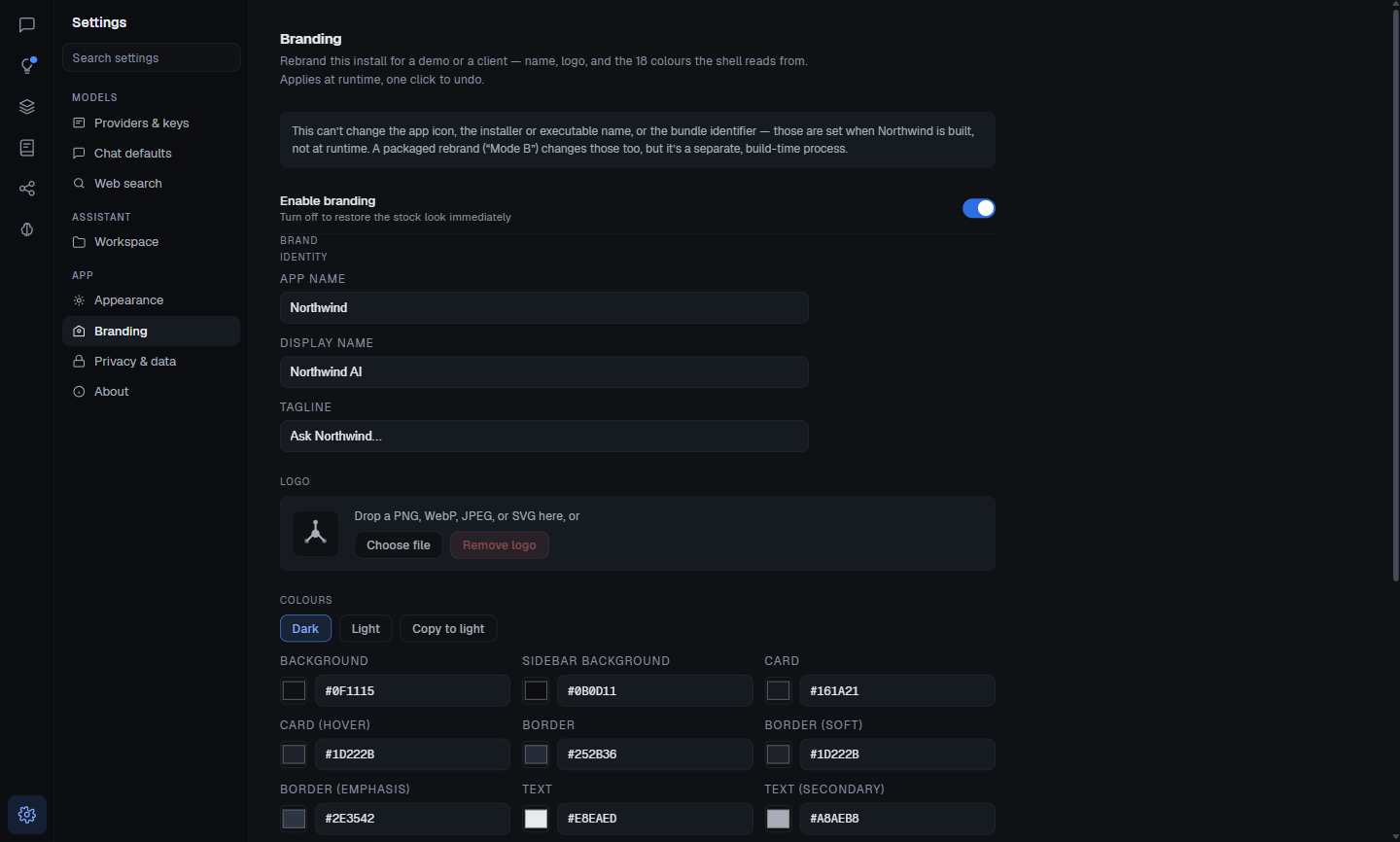 Settings, Branding, with branding switched on: the app name Northwind, the display name Northwind AI, the tagline Ask Northwind…, a logo field, and the first of the eighteen colour fields holding Northwind's palette, the window already in its blue accent.