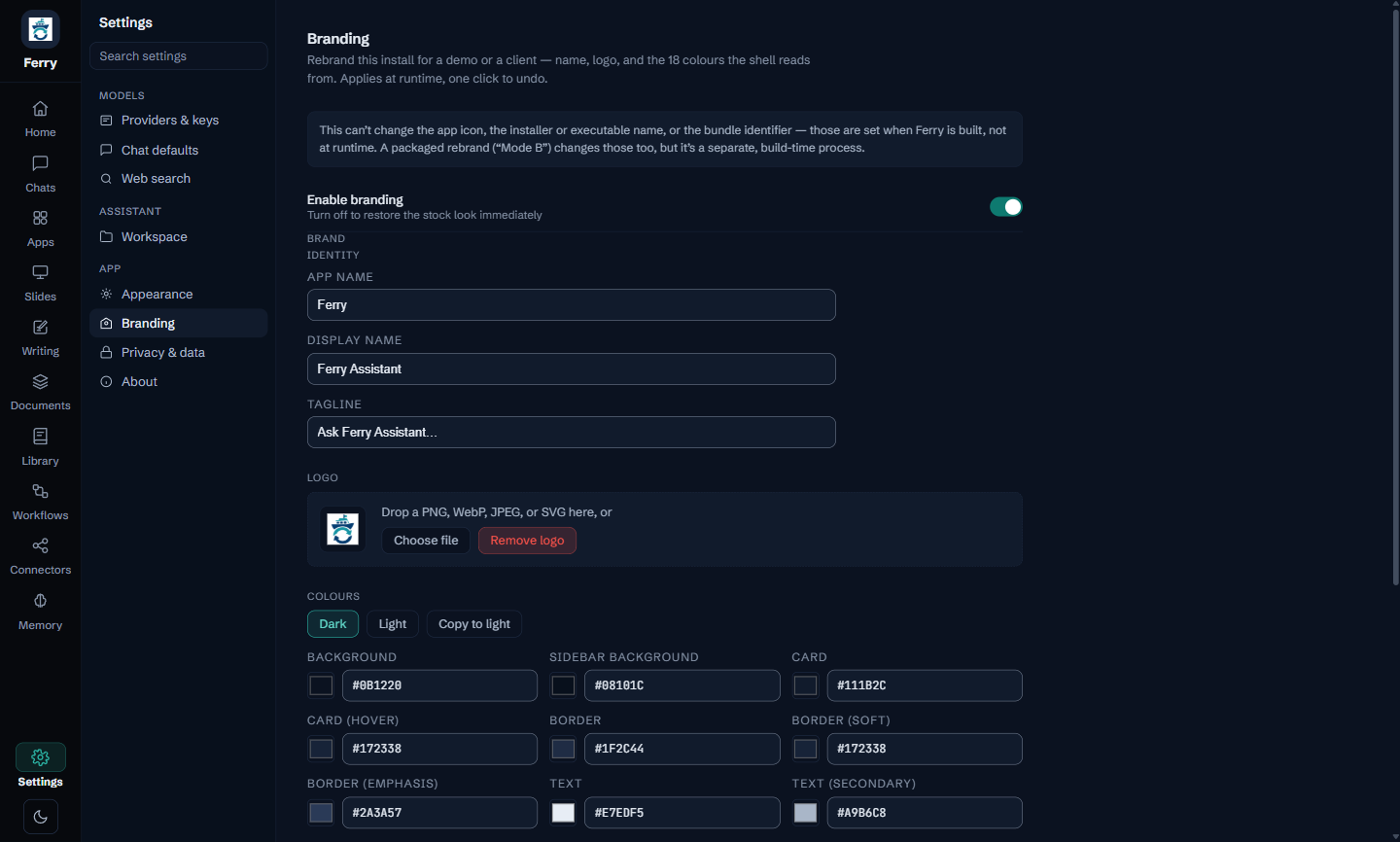 Conduit rebranded as Ferry Assistant: the Ferry ship logo and name in the sidebar, a navy and teal palette across the app, and Settings → Branding open with the app name, display name, tagline, logo and the colour fields filled in from one brand file.