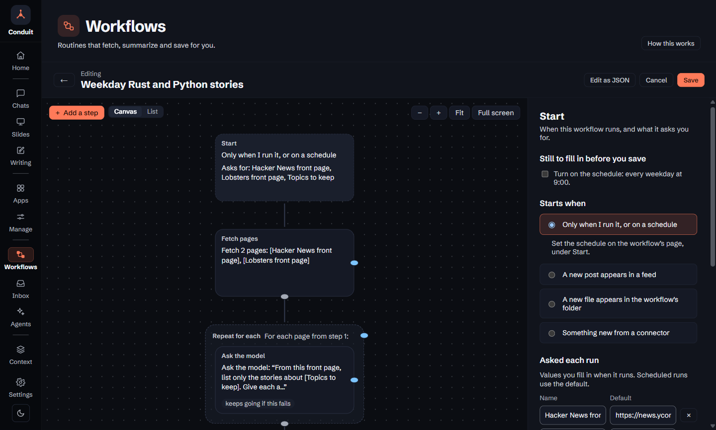 A workflow drafted from a description, open on the canvas and unsaved, named Weekday Rust and Python stories: the Start step, Fetch 2 pages, and a Repeat for each with Ask the model; the Start panel on the right lists Still to fill in before you save with Turn on the schedule: every weekday at 9:00.