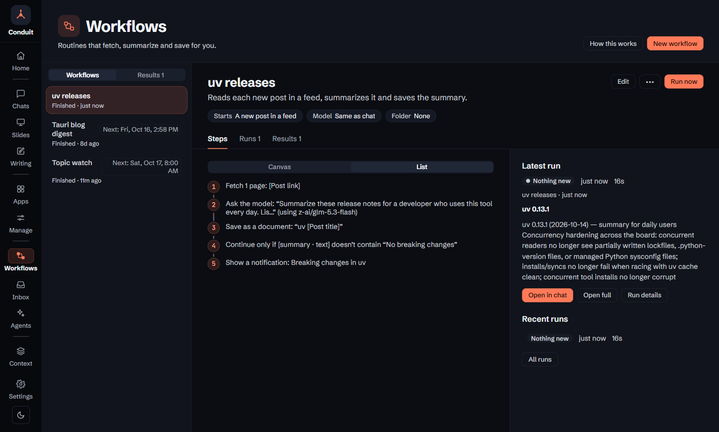 The workflow page after a test run: Latest run reads Nothing new, 16s, with the saved document uv 0.13.1 and its summary, buttons to open it in chat or in full and to see the run details, and Recent runs below.
