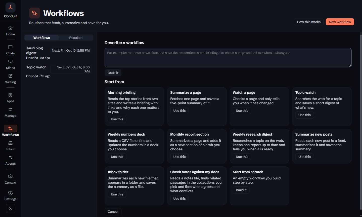 The Workflows page with New workflow open: the Describe a workflow box and the Draft it button above eleven ready-made workflows, from Morning briefing to Start from scratch, including Summarize new posts.