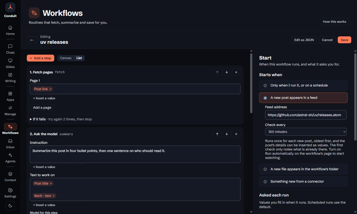 The workflow editor for uv releases: the steps on the left, starting with Fetch pages using the Post link value; on the right the Start panel with A new post appears in a feed selected, the feed address https://github.com/astral-sh/uv/releases.atom and Check every set to 360 minutes.