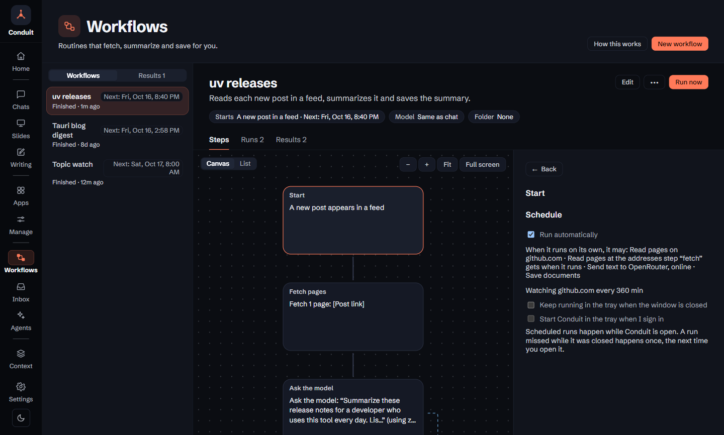 After approval: Run automatically is ticked, the When it runs on its own, it may: list is shown, the status reads Watching github.com every 360 min, and the options to keep Conduit running in the tray and to start it in the tray at sign-in appear.